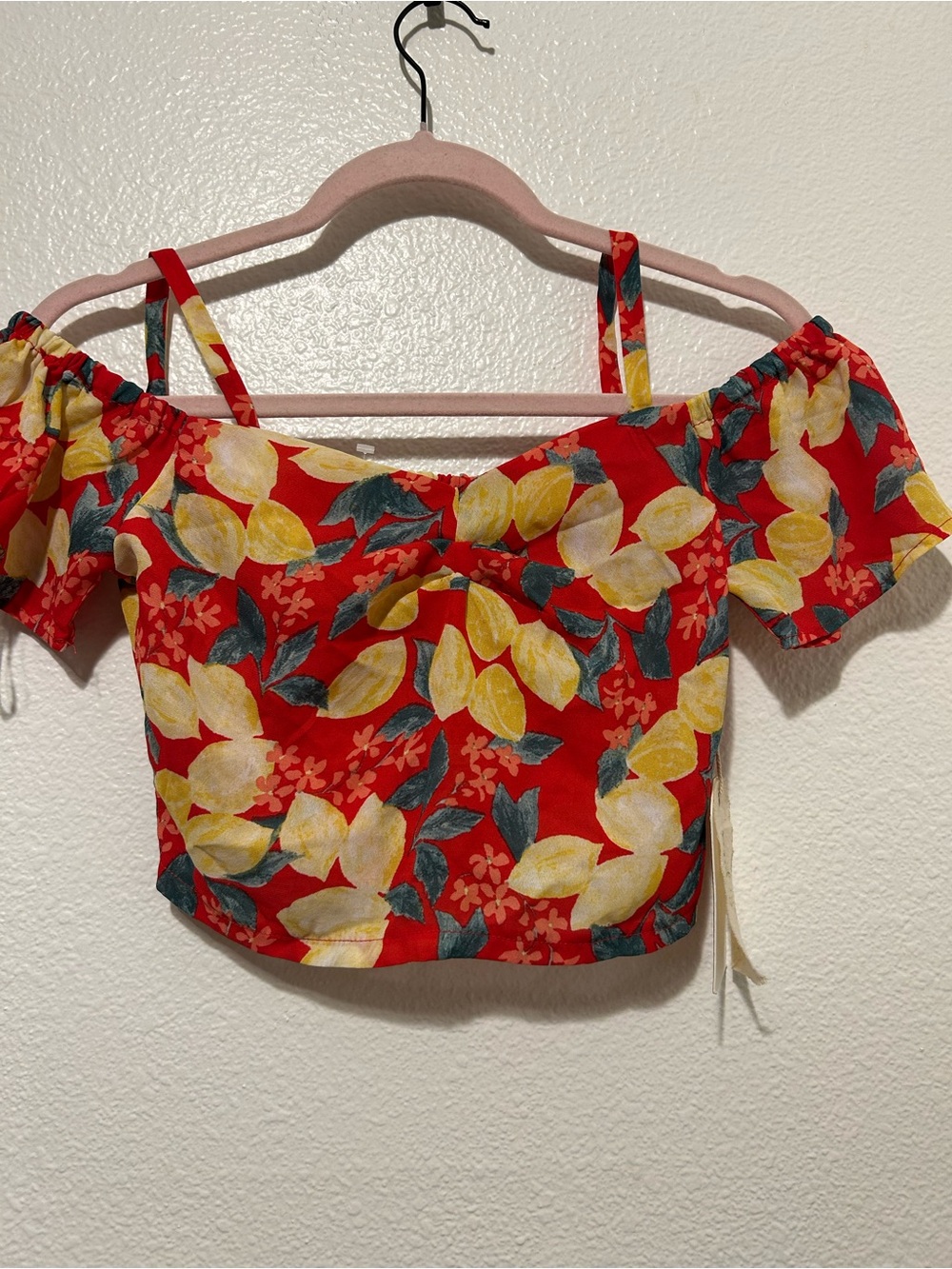 Off-Shoulder Red Lemon Print Crop Top